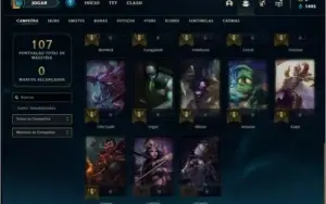 Conta unranked com 28 champs, 8 skins ( 2 vitoriosas )