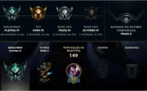 Conta LOL: Platina IV, level 82, 38 campeões, 14 skins.