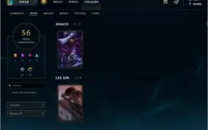 Conta de lol com 141 champs e 56 skins