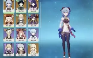 Ganyu, Klee, venti, raiden, jean, mona, espinha celestial.