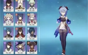 Ganyu, Klee, venti, raiden, jean, mona, espinha celestial.
