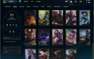 Conta unranked com 26 skins e 53 champs (5 delas vitoriosas)