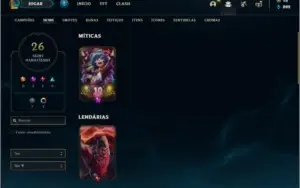 Conta unranked com 26 skins e 53 champs (5 delas vitoriosas)
