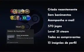 570 JOGOS, STEAM LEVEL 31, ACOMPANHA EMAIL PRIMÁRIO