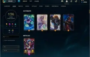Conta unranked com 136 skins e 150 champs (faltam 5)