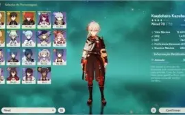 conta genshin kazuha, zhong li, diluc ar 50 com 1185 gemas