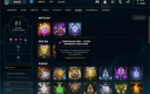 Conta unranked (EX DIAMANTE) com 91 Champs e 94 Skins