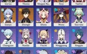 Ganyu + Raiden + Zhongli + Mona c1 + Espadão Áspero AR 49