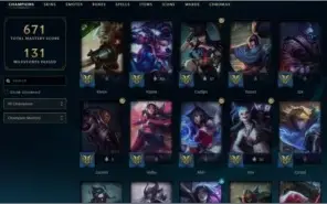 Conta Platina 1, 135 campeões, 349 Skins, Nível 410.