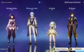 Raiden + arma assinatura + Zhongli + Nahida