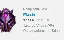 Conta LoL Mestre 172PdL 70% Winrate