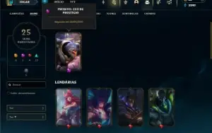 Platina 4 com 50 Champs e 25 Skins + 1 Prestigio do Zed