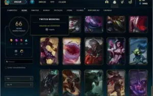Conta unranked com 66 skins com Twitch medieval e WW cinzent