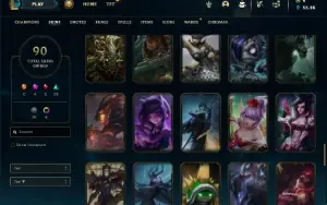 Unranked com 90 Champs e 90 Skins + 2 Raras + Icones Raros