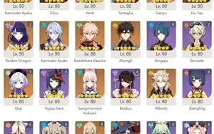 Childe C6, Hutao C3, Raiden C2, Kazuha muitas armas 5* e +