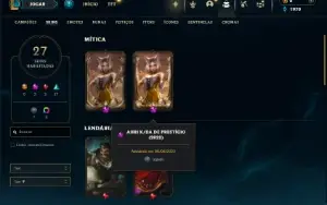 Platina 1 com 85 Champs e 27 Skins + 2 Prestigios da Ahri