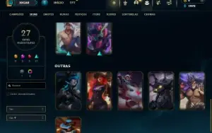 Platina 1 com 85 Champs e 27 Skins + 2 Prestigios da Ahri