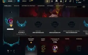 Platina 1 com 85 Champs e 27 Skins + 2 Prestigios da Ahri