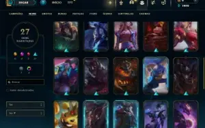 Platina 1 com 85 Champs e 27 Skins + 2 Prestigios da Ahri