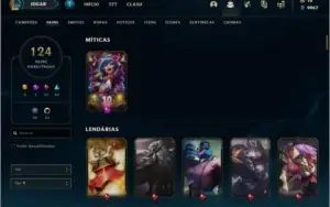Conta ouro 1(plat 3 season passada)com 124 skins e 93 champs