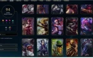 Conta Diamante, todos os campeões , 94 skins, 333 ícones.