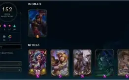Conta de LoL nível 201 com 152 skins e 122 campeões.