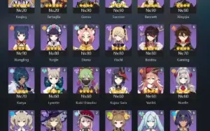 conta genshin ar 60, 27 personagens t5, 11 armas t5