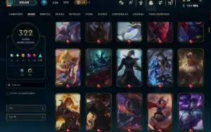 Platina 3 com TODOS os Champs e 322 Skins ( JG / TOP / ADC )