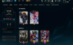 Platina 3 com TODOS os Champs e 322 Skins ( JG / TOP / ADC )