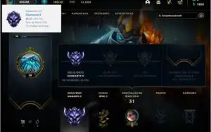 Conta DIAMANTE 2 com 73% de win rate, 22 champs e 2 skins