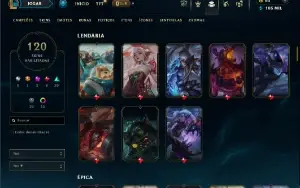 Platina 4 com TODOS os champs e 121 Skins ( MID / JG / TOP )