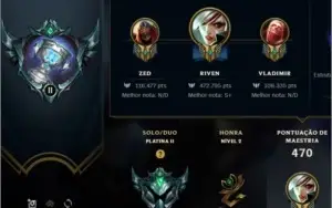 conta com riven 2012, muitas skins e platina 2 69% wr