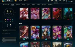 Unranked com TODOS os champs e 316 Skins + 1 Rara + 2800 RP