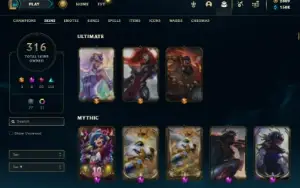 Unranked com TODOS os champs e 316 Skins + 1 Rara + 2800 RP