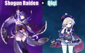 Contas Genshin Impact AR 7 com Shogun Raiden e Qiqi