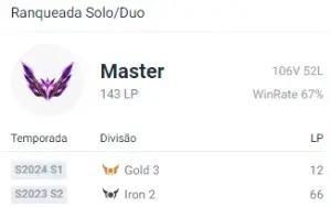 Conta league of legends mestre, + 150 pdl 67 % de winrate