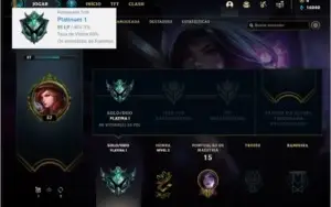 Conta platina 1 com 60% de win rate, 1 skin e 22 champs