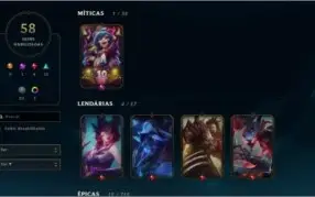 Conta lol diamante 3 faltando apenas 11 champs 58 skins