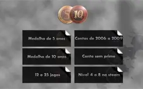 Contas Steam 14-15 Anos, Medalha de 10 e 5 anos CSGO, 12-25