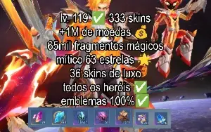 Conta Mobile Legends lv.119 com 333 skins, heróis e emblemas