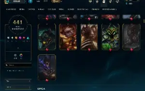 Platina 1 com TODOS os champs e 441 Skins ( JG / MID / TOP )