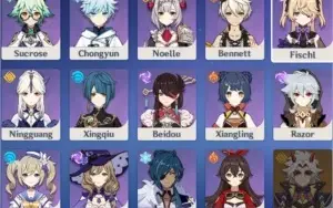 Ganyu + Agitação + Ayaka + Shenhe + Childe + Mona c1 + Qiqi