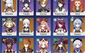 Ganyu + Agitação + Ayaka + Shenhe + Childe + Mona c1 + Qiqi