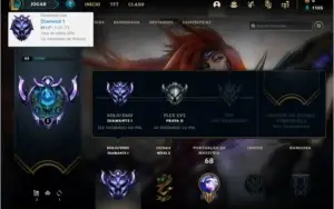 Conta DIAMANTE 1 (59% win rate), 32 champs e 6 skins