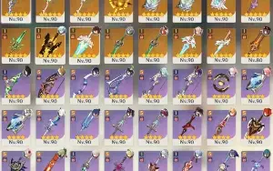 36 personagem 5 estrelas. 16 armas 5 estrelas