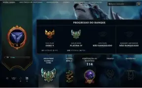Conta League Of Legends Platina4 ,43 champions/8 skins 12baú