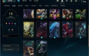 lol 18 skins (1 mitica, 3 lendarias, 6 epicas, 4 legado)