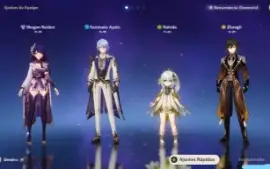 Raiden + arma assinatura + Zhongli + Nahida