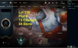 CONTA LOL LVL 119 PLATINA 4, 72 CHAMPS, 34 SKINS