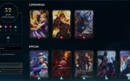 Ouro IV, 91 Campeões, 32 Skins, 3 Lendárias e 13 Épicas